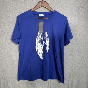 Locryz Feather Print Blue White Women's Blouse T-shirt Loose‎ XL
